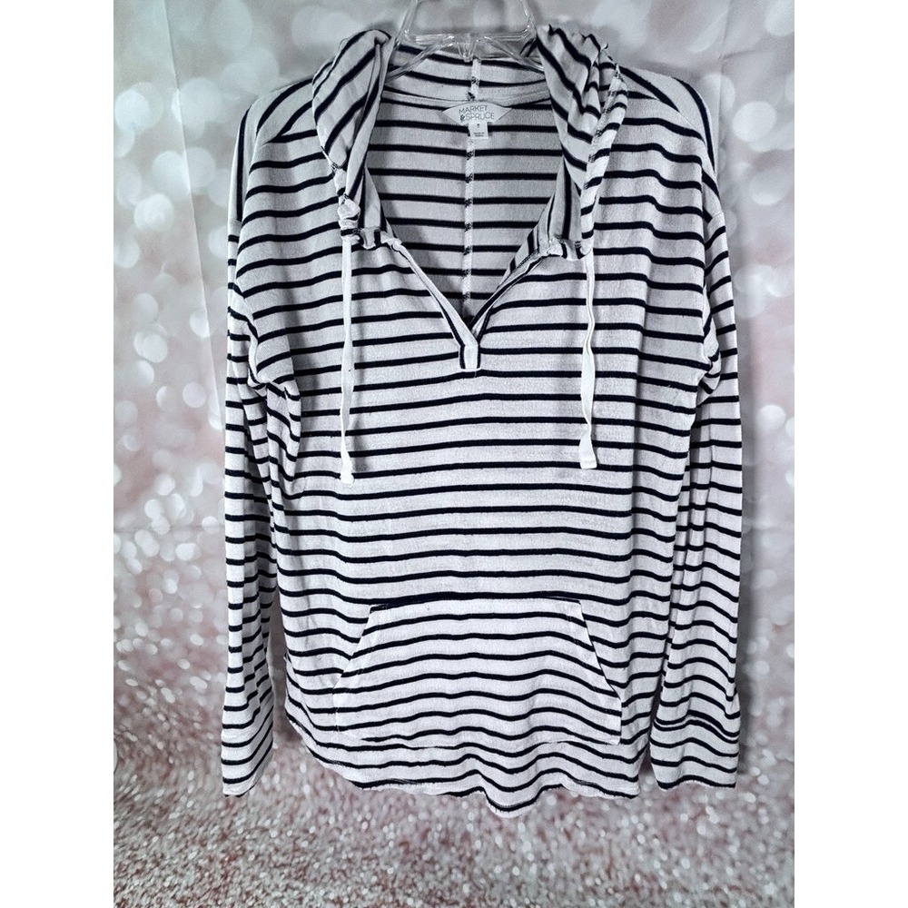 Market & Spruce Black White Striped Hoodie Pullover Long Sleeve Casual Size M - Picture 4 of 8